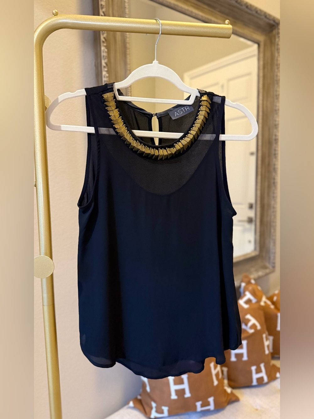 Astr Black Sleeveless Tank with Gold Beaded Collar